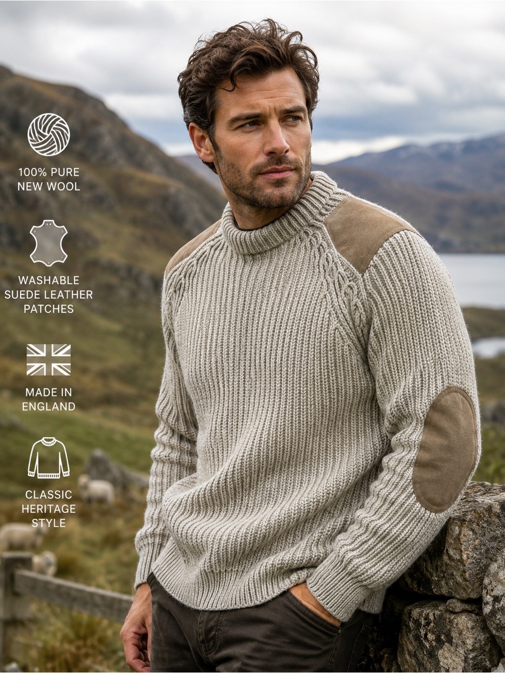 Niffi England Pure New Wool Sweater Suede Patches Made in England Size L